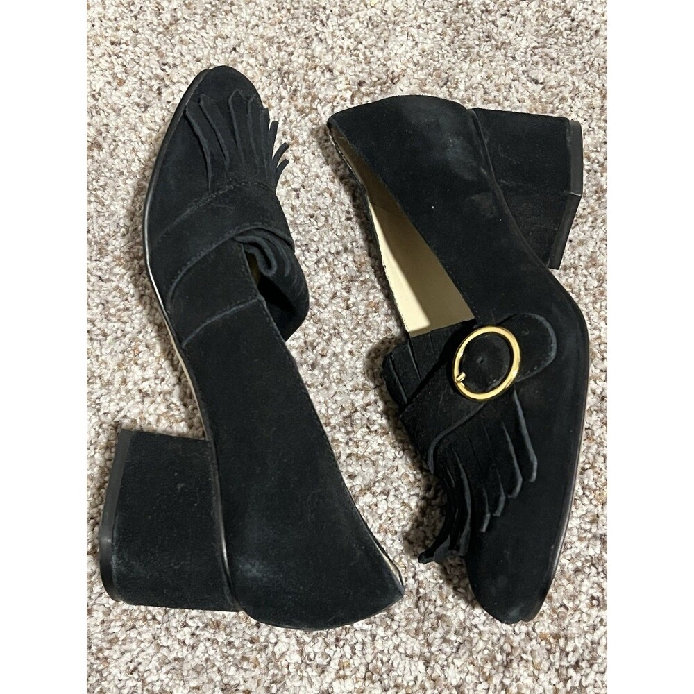 Marc Fisher Women's Loafers Suede Fringe Buckle Block Heel Black Size 6M - Picture 3 of 7